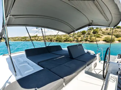 Cockpit of BALLO, a Lagoon 46 catamaran at Kontokali, Greece