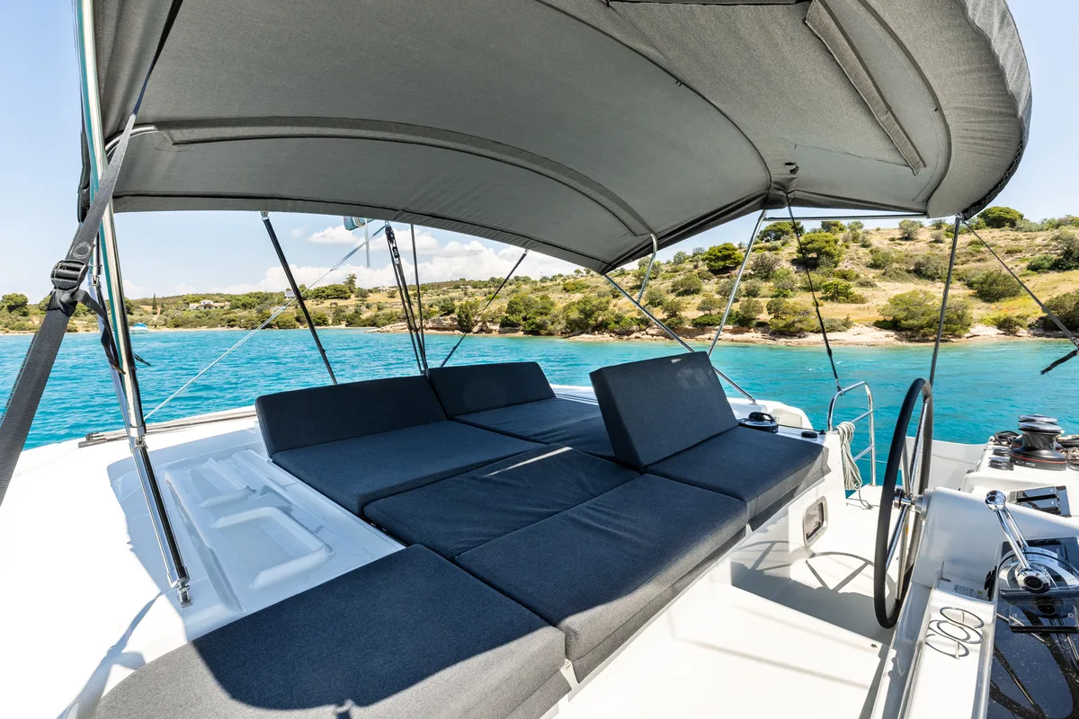 Cockpit of BALLO, a Lagoon 46 catamaran at Kontokali, Greece