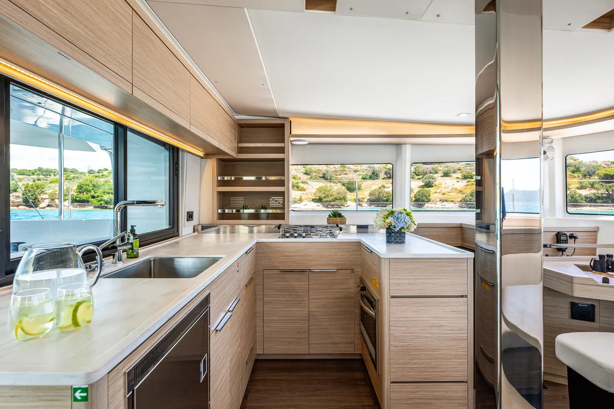 Galley of BALLO, a Lagoon 46 catamaran at Kontokali, Greece