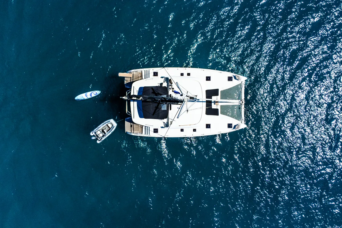 Exterior view of BALLO, a Lagoon 46 catamaran at Kontokali, Greece