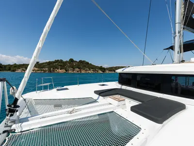 Deck of BALLO, a Lagoon 46 catamaran at Kontokali, Greece