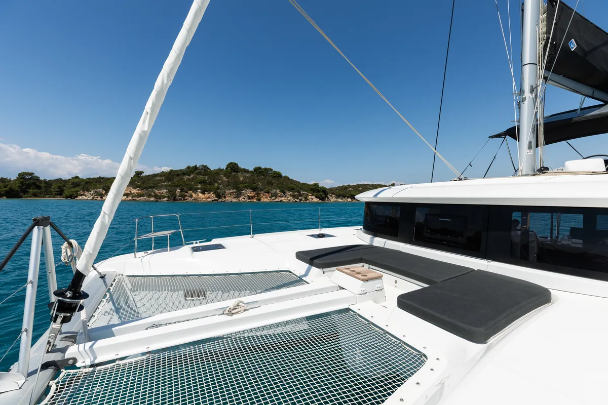 Deck of BALLO, a Lagoon 46 catamaran at Kontokali, Greece