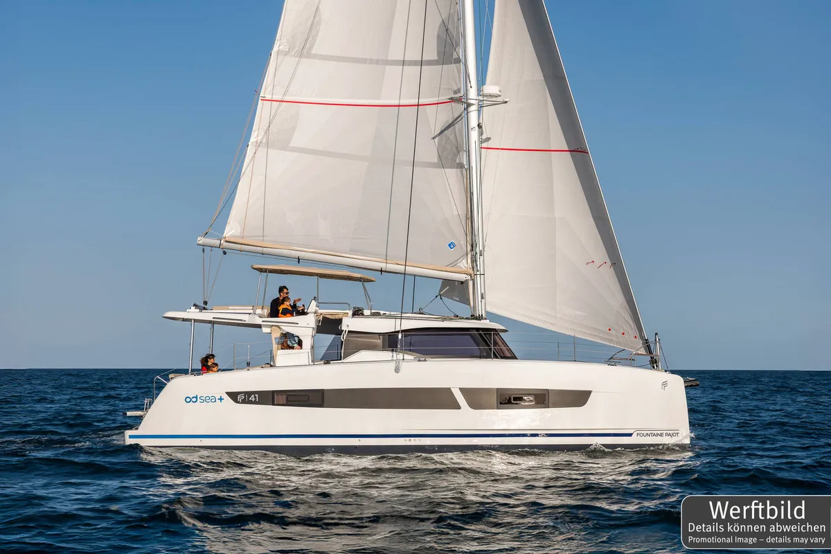 Exterior view of Gin Mar, a Fountaine Pajot FP 41 Maesto 3 catamaran at Palma de Mallorca, Spain
