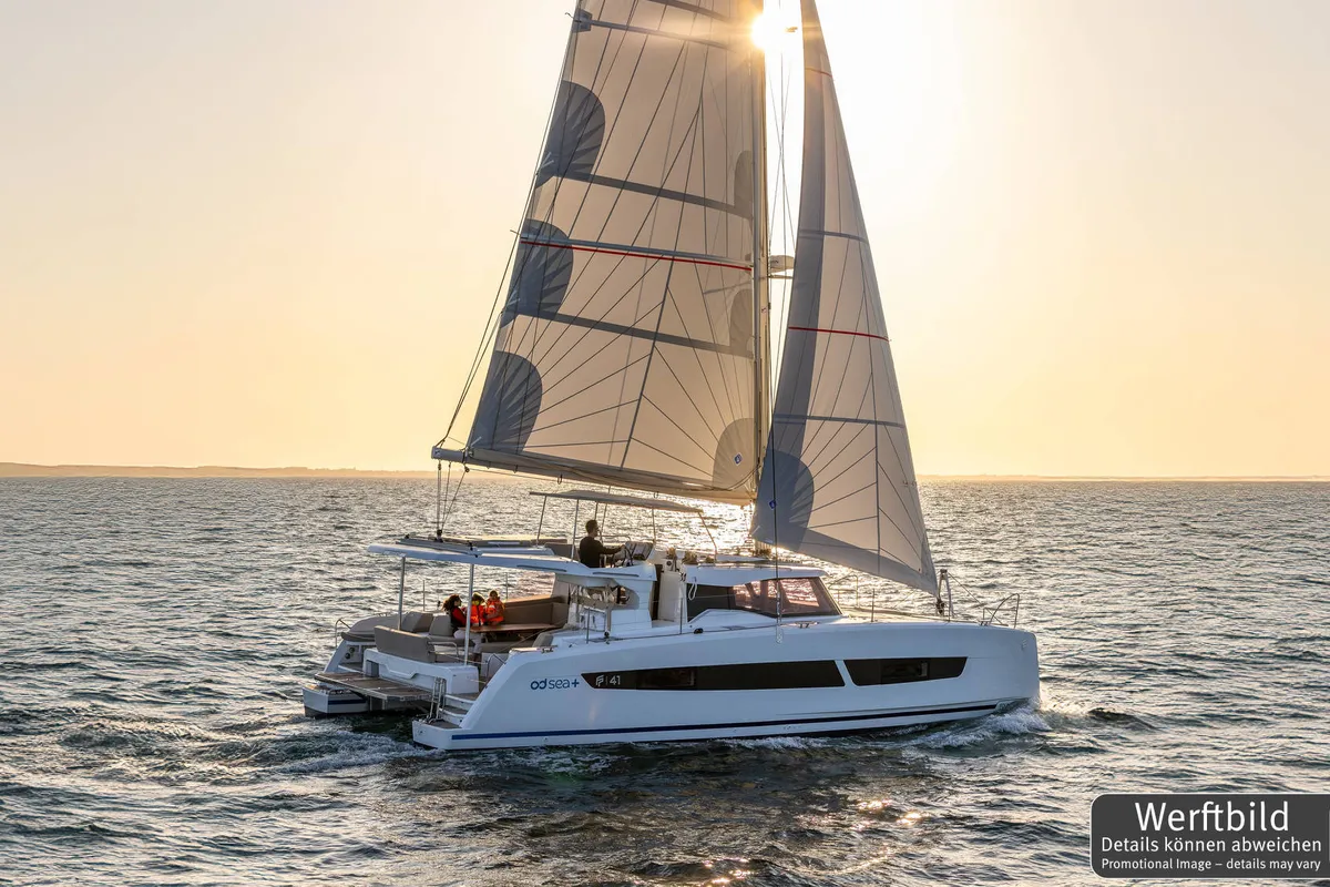 Exterior view of Gin Mar, a Fountaine Pajot FP 41 Maesto 3 catamaran at Palma de Mallorca, Spain