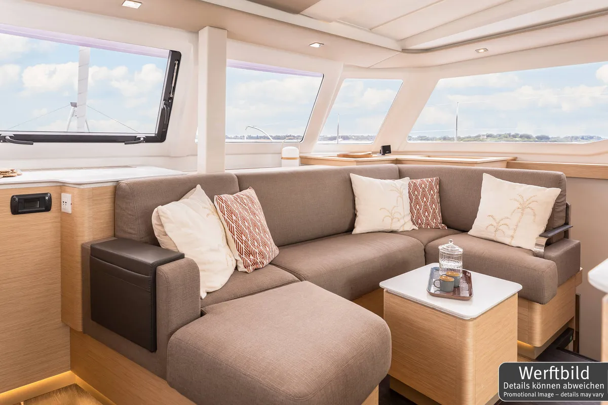 Salon of Gin Mar, a Fountaine Pajot FP 41 Maesto 3 catamaran at Palma de Mallorca, Spain