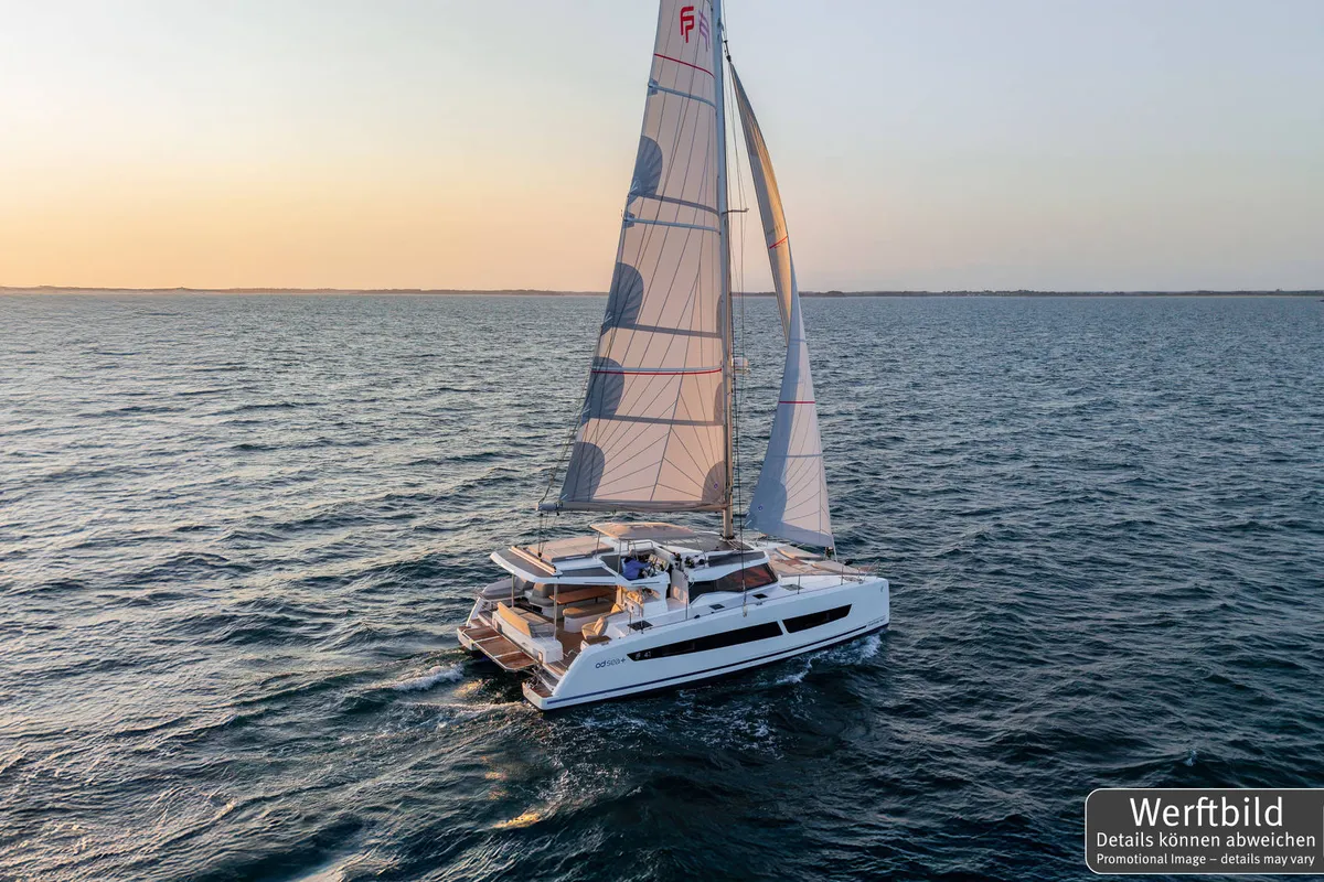 Exterior view of Gin Mar, a Fountaine Pajot FP 41 Maesto 3 catamaran at Palma de Mallorca, Spain