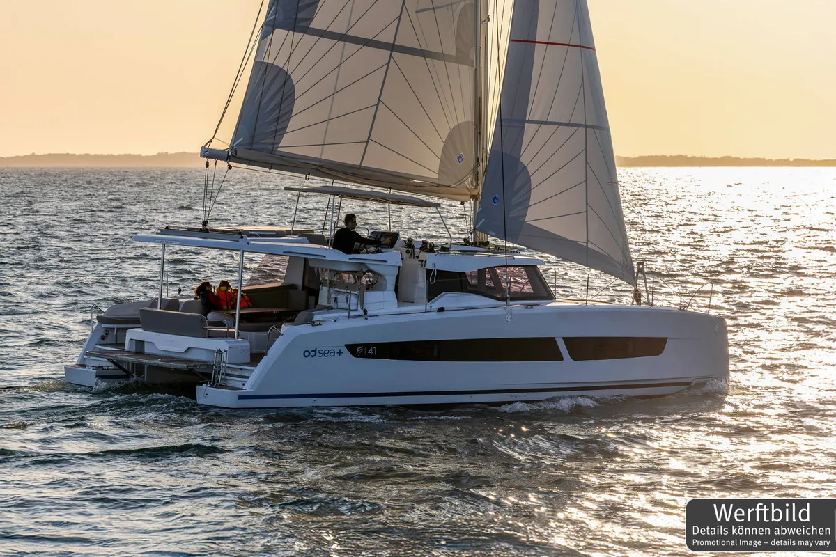 Exterior view of Gin Mar, a Fountaine Pajot FP 41 Maesto 3 catamaran at Palma de Mallorca, Spain