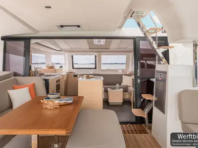 Salon of Gin Mar, a Fountaine Pajot FP 41 Maesto 3 catamaran at Palma de Mallorca, Spain