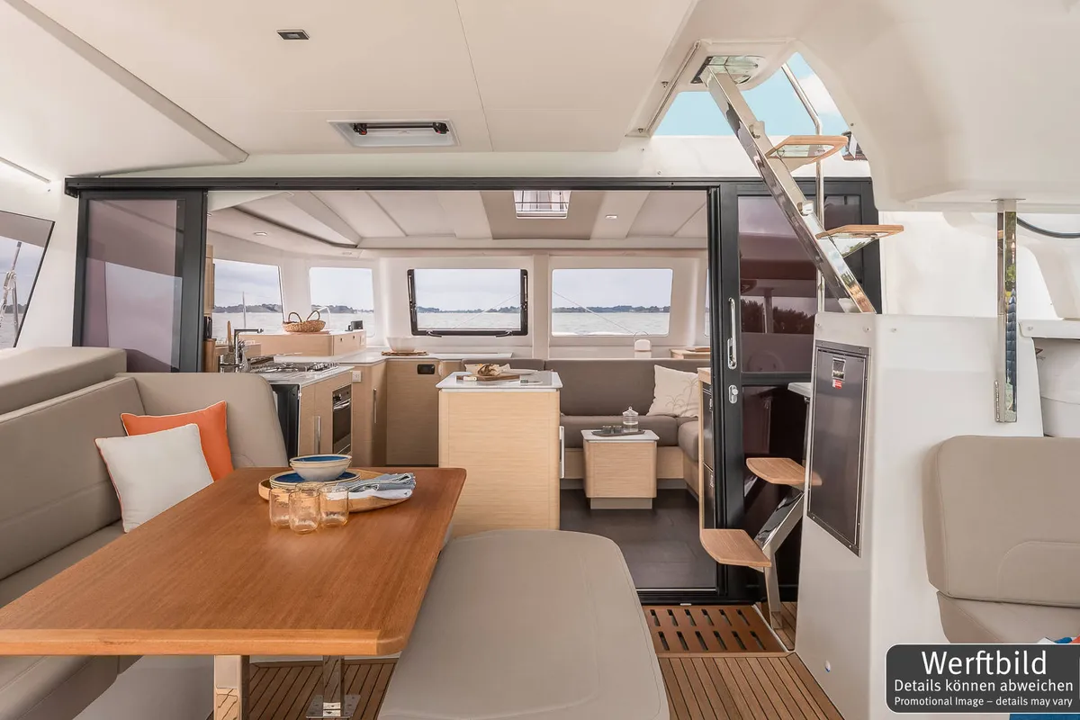 Salon of Gin Mar, a Fountaine Pajot FP 41 Maesto 3 catamaran at Palma de Mallorca, Spain