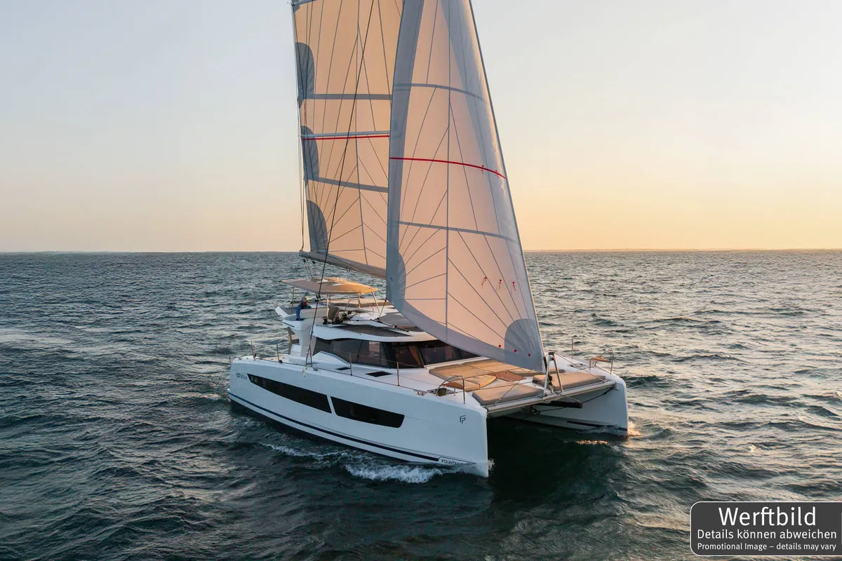 Exterior view of Gin Mar, a Fountaine Pajot FP 41 Maesto 3 catamaran at Palma de Mallorca, Spain