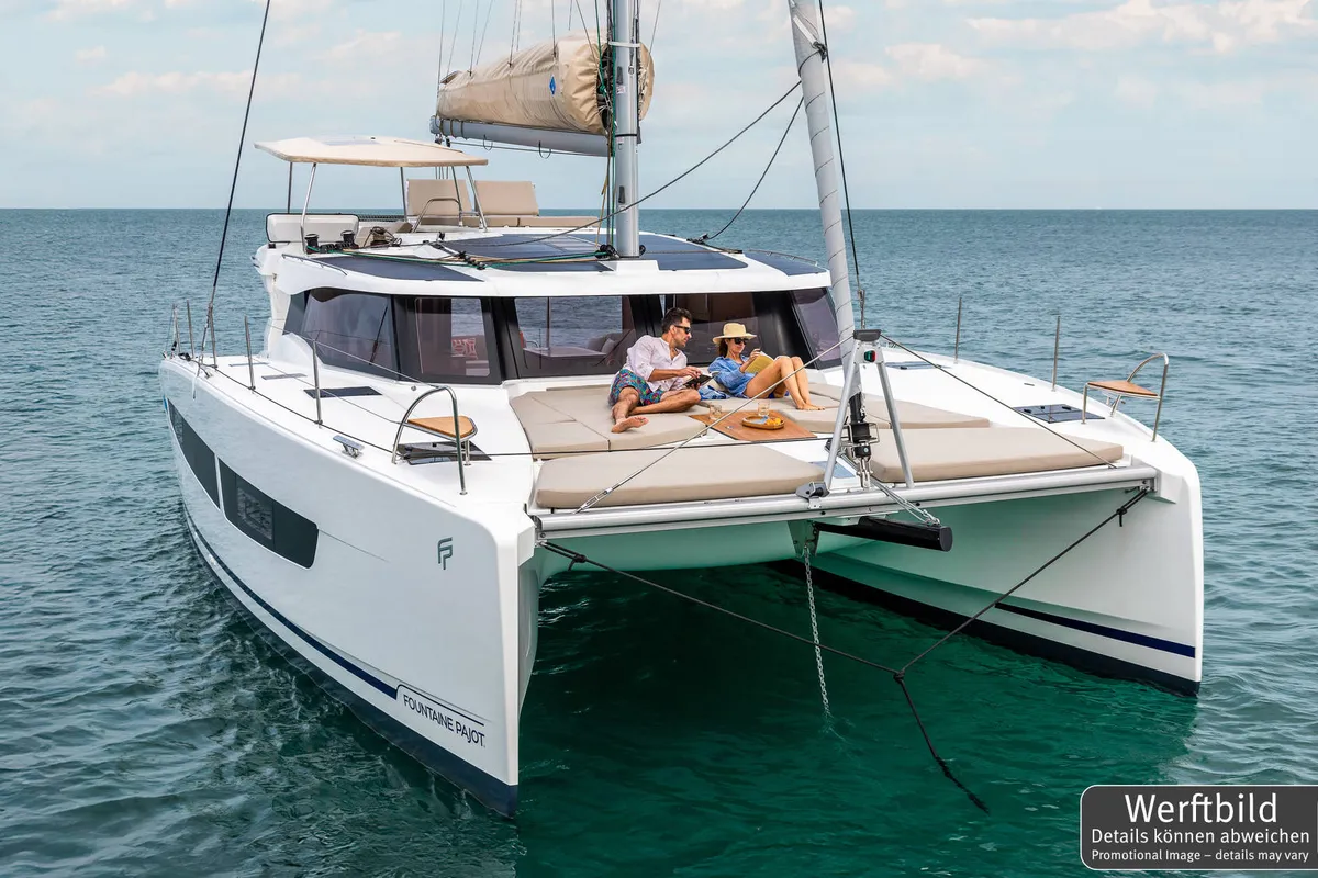 Exterior view of Gin Mar, a Fountaine Pajot FP 41 Maesto 3 catamaran at Palma de Mallorca, Spain
