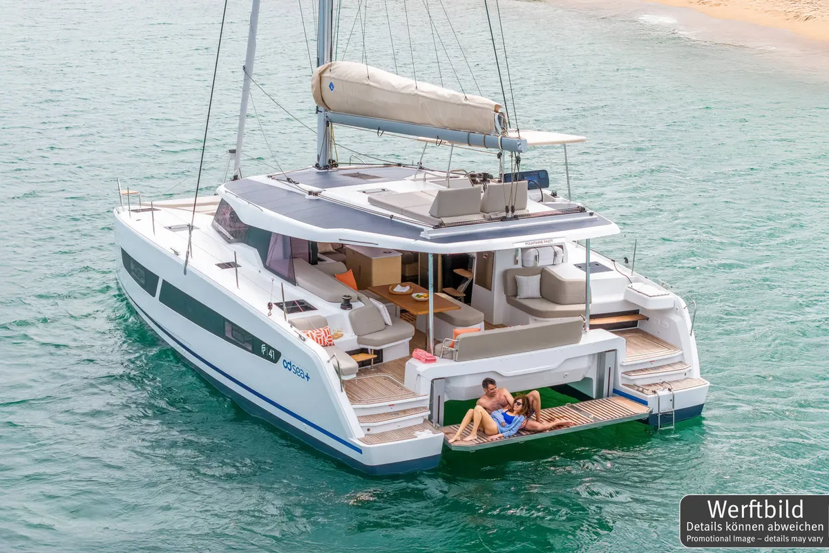 Exterior view of Gin Mar, a Fountaine Pajot FP 41 Maesto 3 catamaran at Palma de Mallorca, Spain