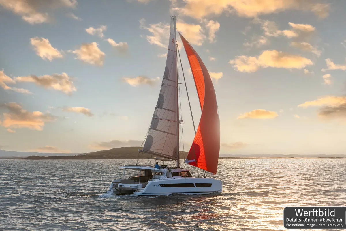 Exterior view of Gin Mar, a Fountaine Pajot FP 41 Maesto 3 catamaran at Palma de Mallorca, Spain