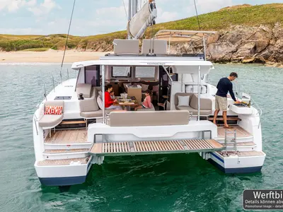 Deck of Gin Mar, a Fountaine Pajot FP 41 Maesto 3 catamaran at Palma de Mallorca, Spain