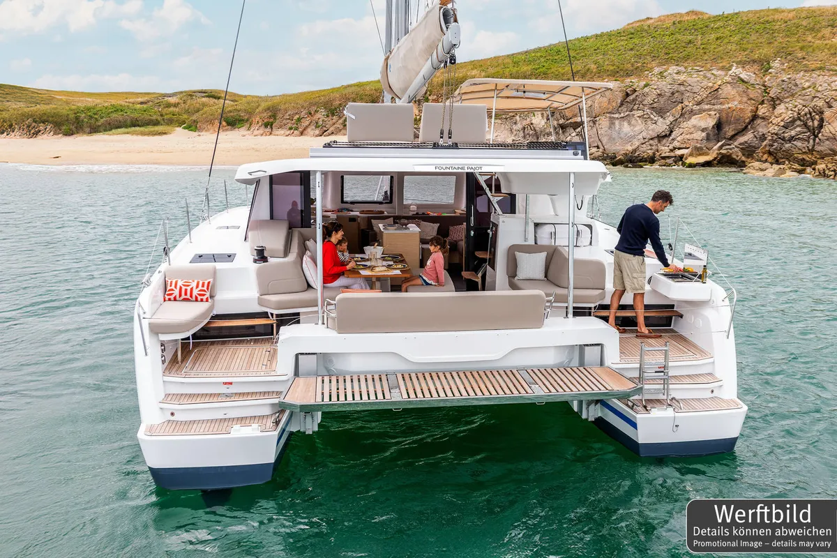 Deck of Gin Mar, a Fountaine Pajot FP 41 Maesto 3 catamaran at Palma de Mallorca, Spain
