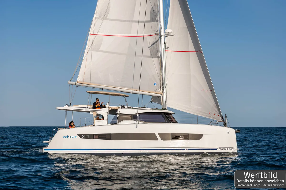Exterior view of Gin Mar, a Fountaine Pajot FP 41 Maesto 3 catamaran at Palma de Mallorca, Spain