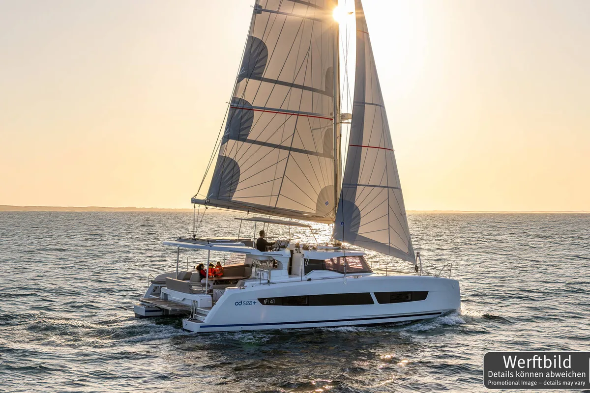 Exterior view of Gin Mar, a Fountaine Pajot FP 41 Maesto 3 catamaran at Palma de Mallorca, Spain
