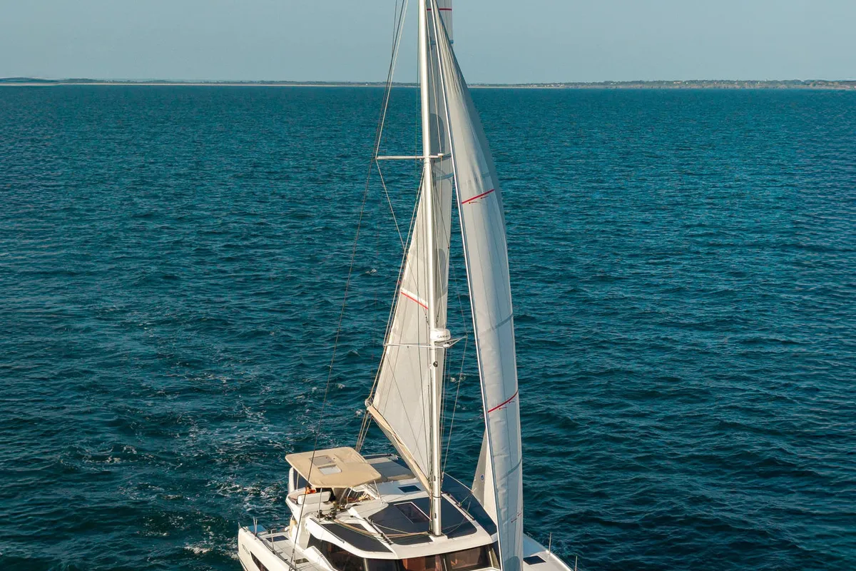 Exterior view of Gin Mar, a Fountaine Pajot FP 41 Maesto 3 catamaran at Palma de Mallorca, Spain