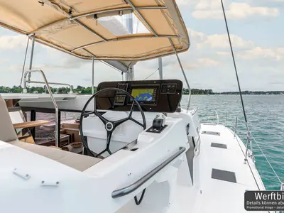 Cockpit of Gin Mar, a Fountaine Pajot FP 41 Maesto 3 catamaran at Palma de Mallorca, Spain