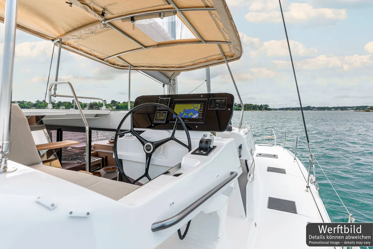 Cockpit of Gin Mar, a Fountaine Pajot FP 41 Maesto 3 catamaran at Palma de Mallorca, Spain