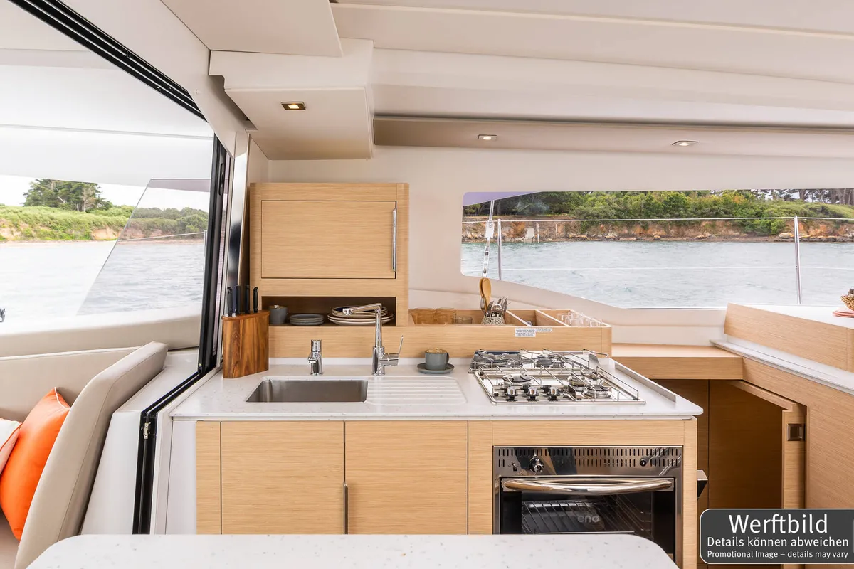 Galley of Gin Mar, a Fountaine Pajot FP 41 Maesto 3 catamaran at Palma de Mallorca, Spain