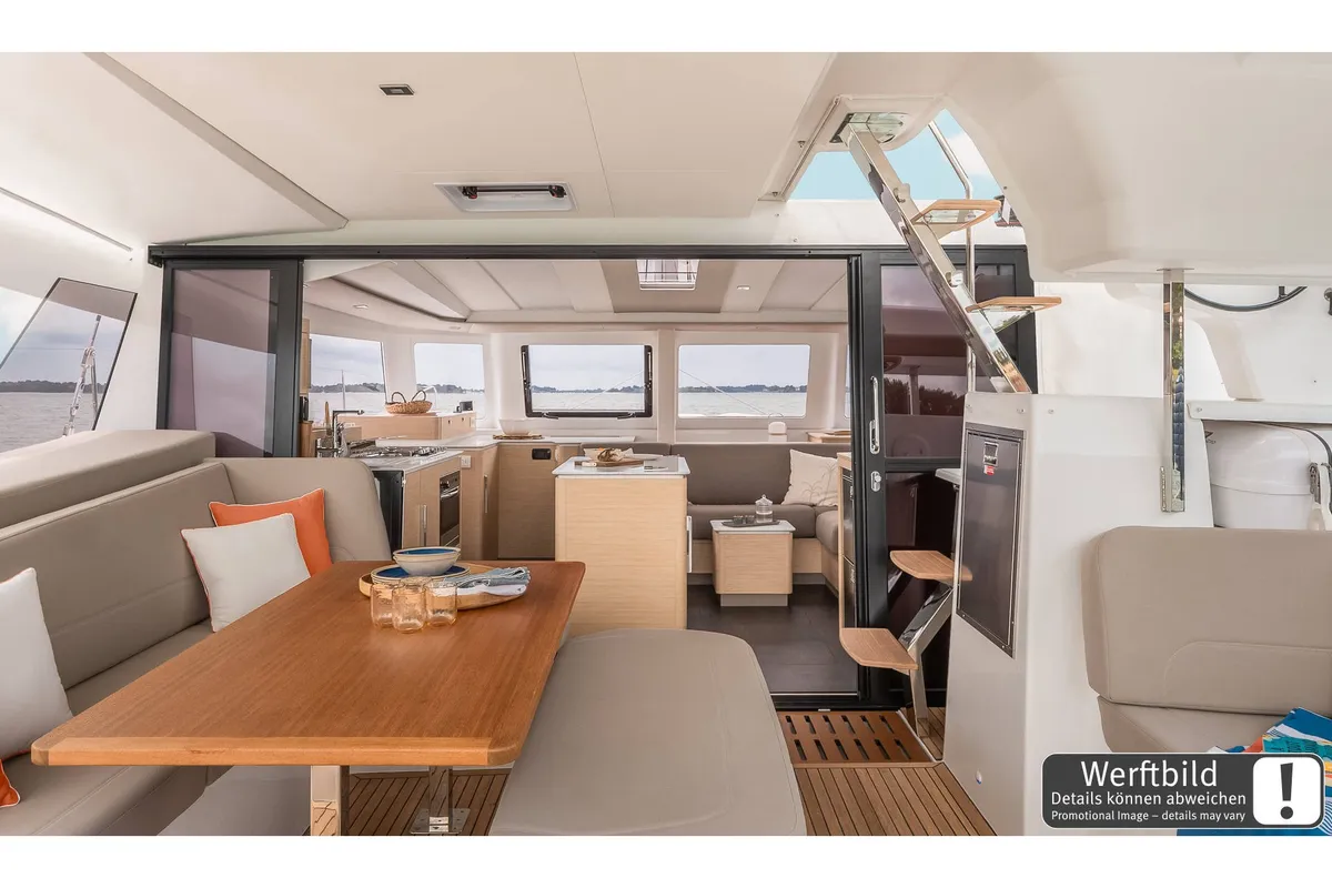 Deck of Gin Mar, a Fountaine Pajot FP 41 Maesto 3 catamaran at Palma de Mallorca, Spain