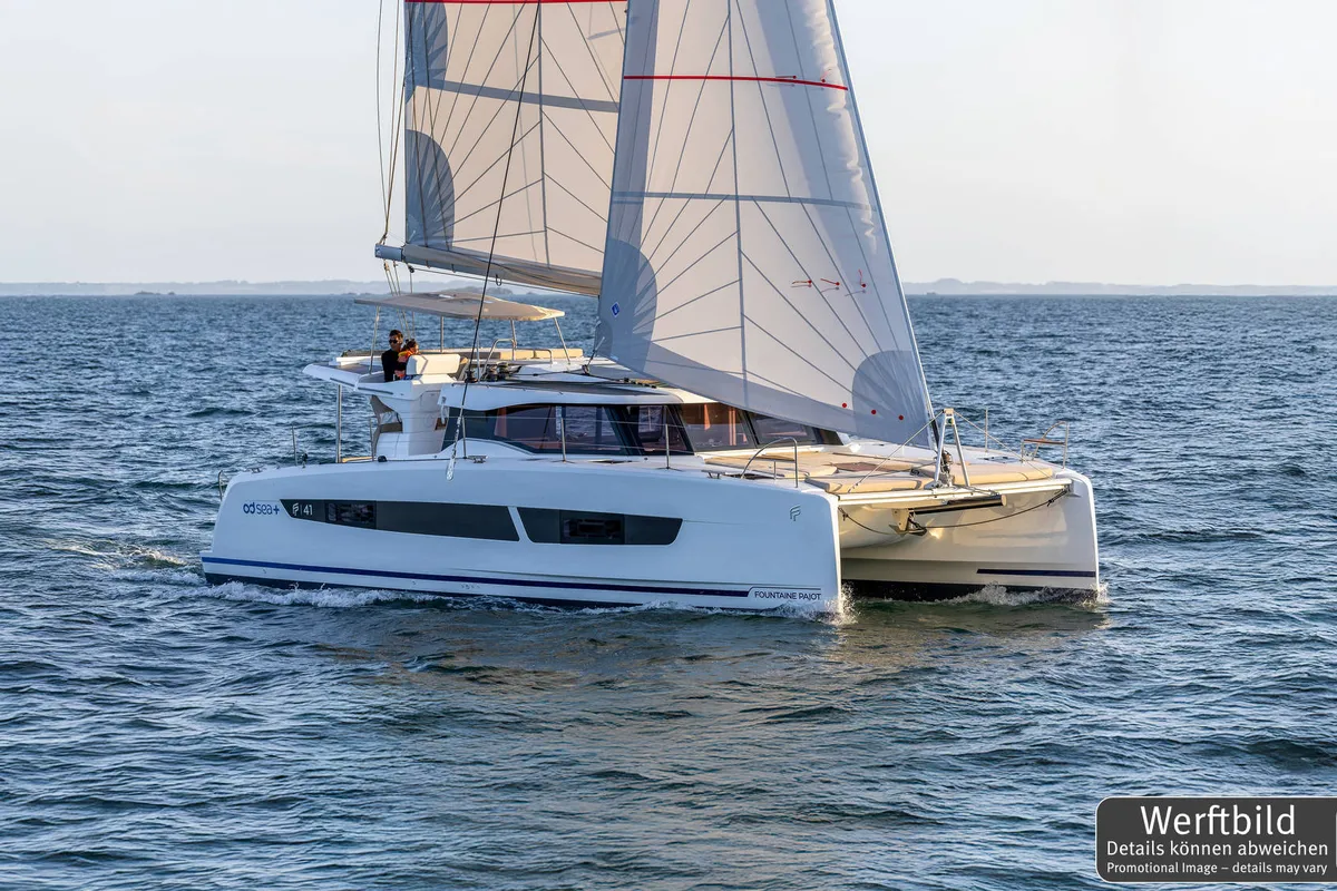 Exterior view of Gin Mar, a Fountaine Pajot FP 41 Maesto 3 catamaran at Palma de Mallorca, Spain