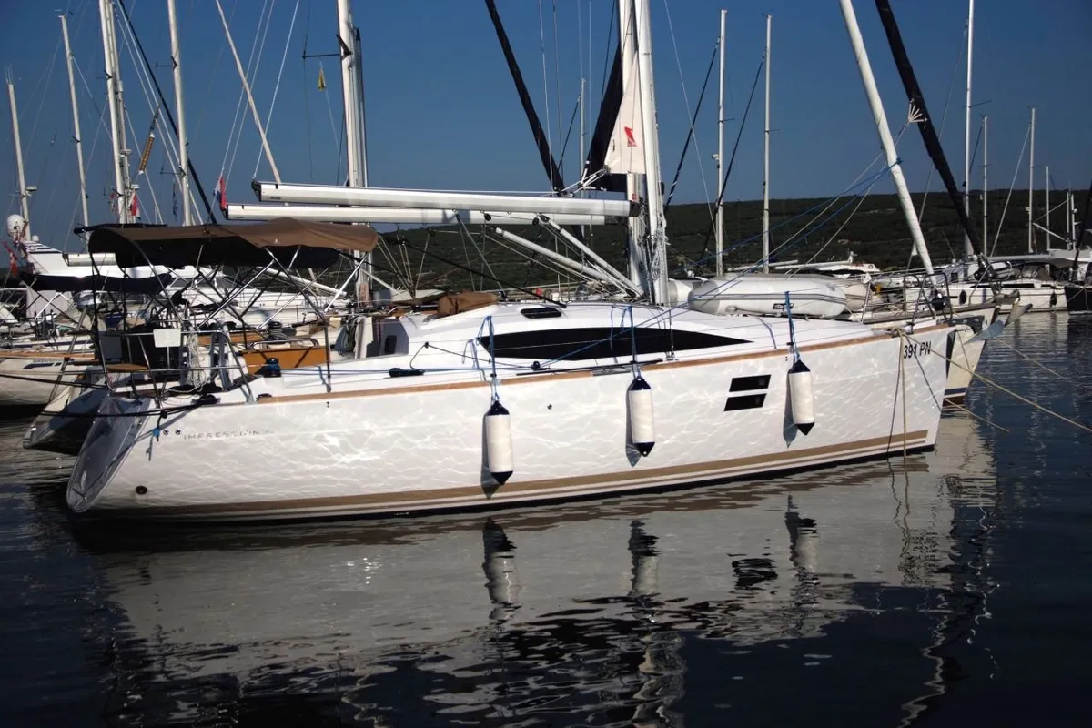Exterior view of Arashi, a Elan Impression 35 sailboat at Punat, Croatia