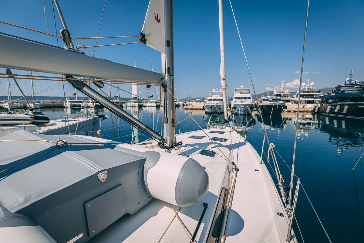 Exterior view of Angelique, a Dufour 470 sailboat at Kaštela, Croatia
