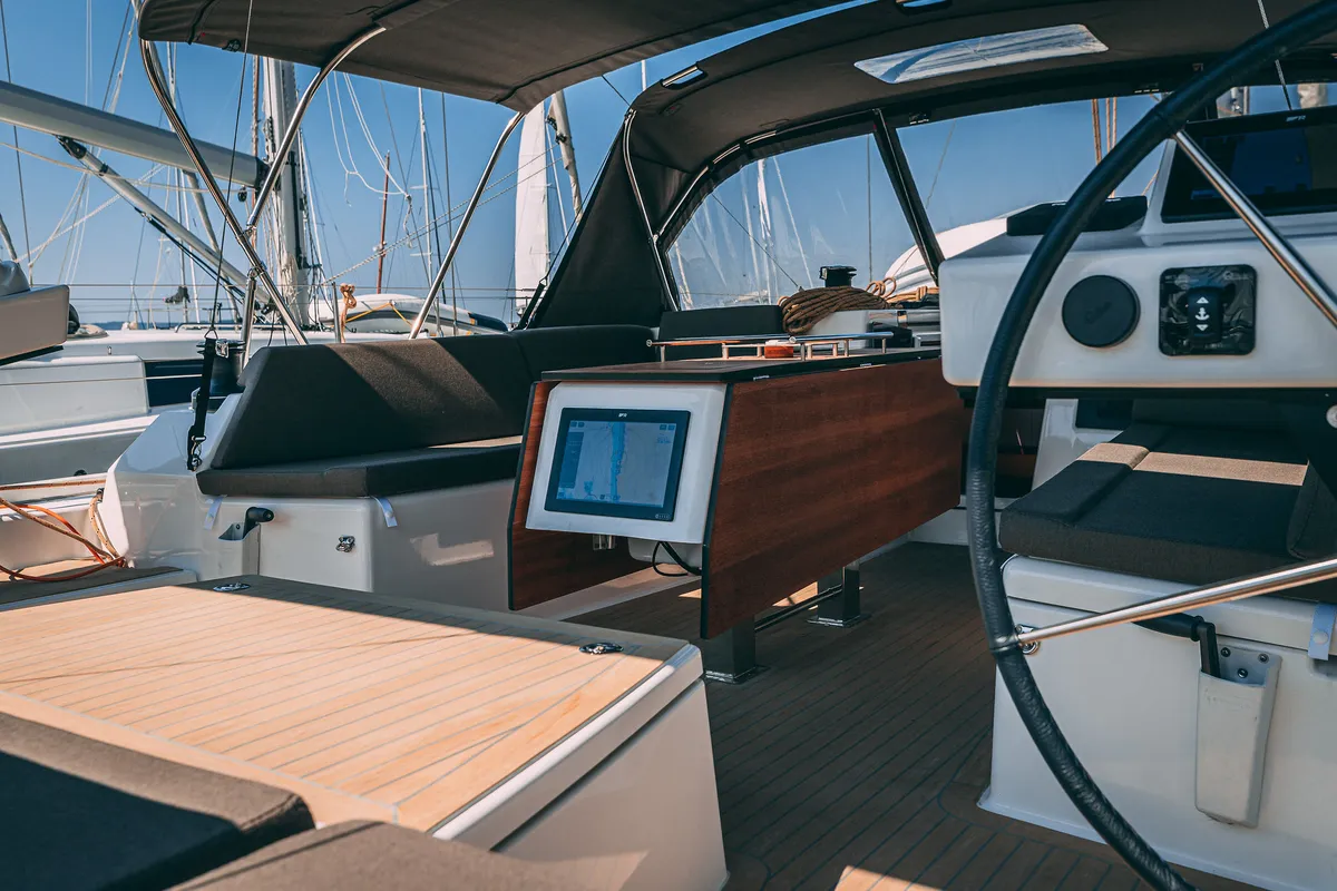 Exterior view of Angelique, a Dufour 470 sailboat at Kaštela, Croatia