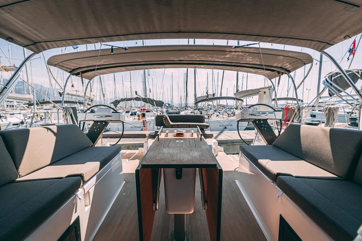 Cockpit of Angelique, a Dufour 470 sailboat at Kaštela, Croatia