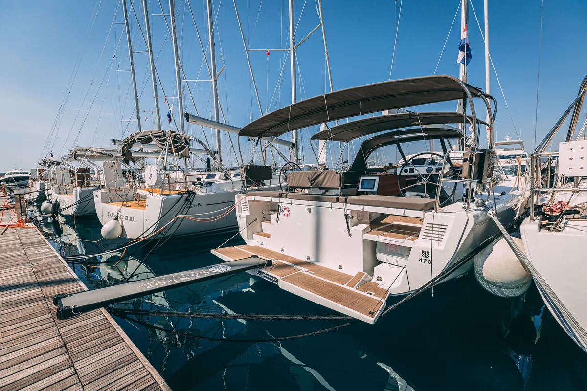 Exterior view of Angelique, a Dufour 470 sailboat at Kaštela, Croatia