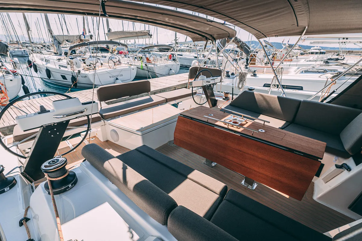 Cockpit of Angelique, a Dufour 470 sailboat at Kaštela, Croatia