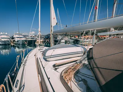 Deck of Angelique, a Dufour 470 sailboat at Kaštela, Croatia