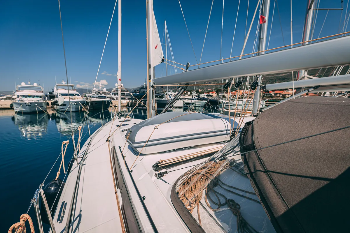 Deck of Angelique, a Dufour 470 sailboat at Kaštela, Croatia