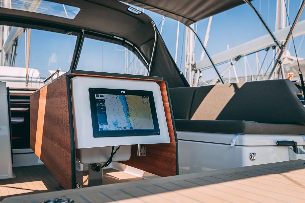 Cockpit of Angelique, a Dufour 470 sailboat at Kaštela, Croatia