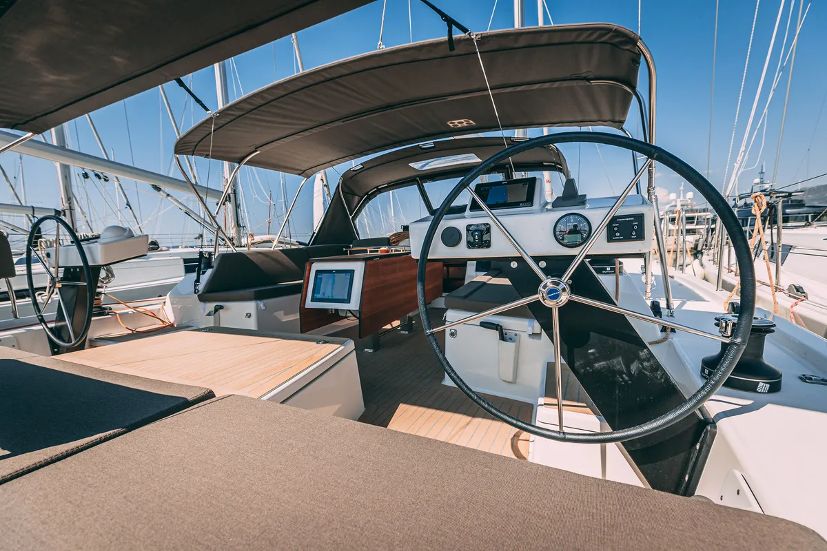 Cockpit of Angelique, a Dufour 470 sailboat at Kaštela, Croatia