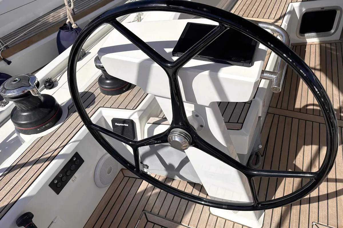 Cockpit of Flipper, a Beneteau Oceanis 51.1 sailboat at Palma de Mallorca, Spain