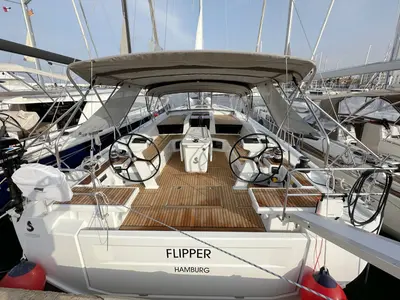 Cockpit of Flipper, a Beneteau Oceanis 51.1 sailboat at Palma de Mallorca, Spain