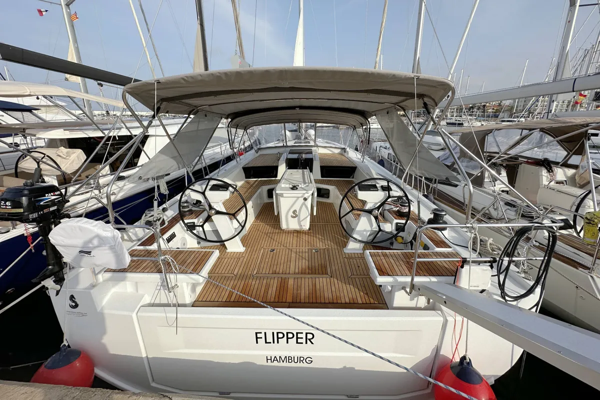 Cockpit of Flipper, a Beneteau Oceanis 51.1 sailboat at Palma de Mallorca, Spain