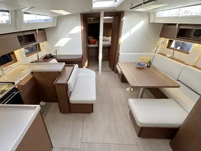 Salon of Flipper, a Beneteau Oceanis 51.1 sailboat at Palma de Mallorca, Spain