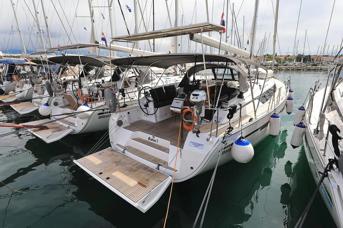 Exterior view of Aiolos I, a Bavaria Cruiser 46 sailboat at Grad Biograd na Moru, Croatia