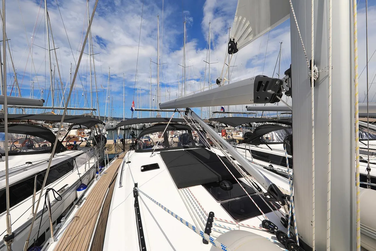 Deck of Aiolos I, a Bavaria Cruiser 46 sailboat at Grad Biograd na Moru, Croatia