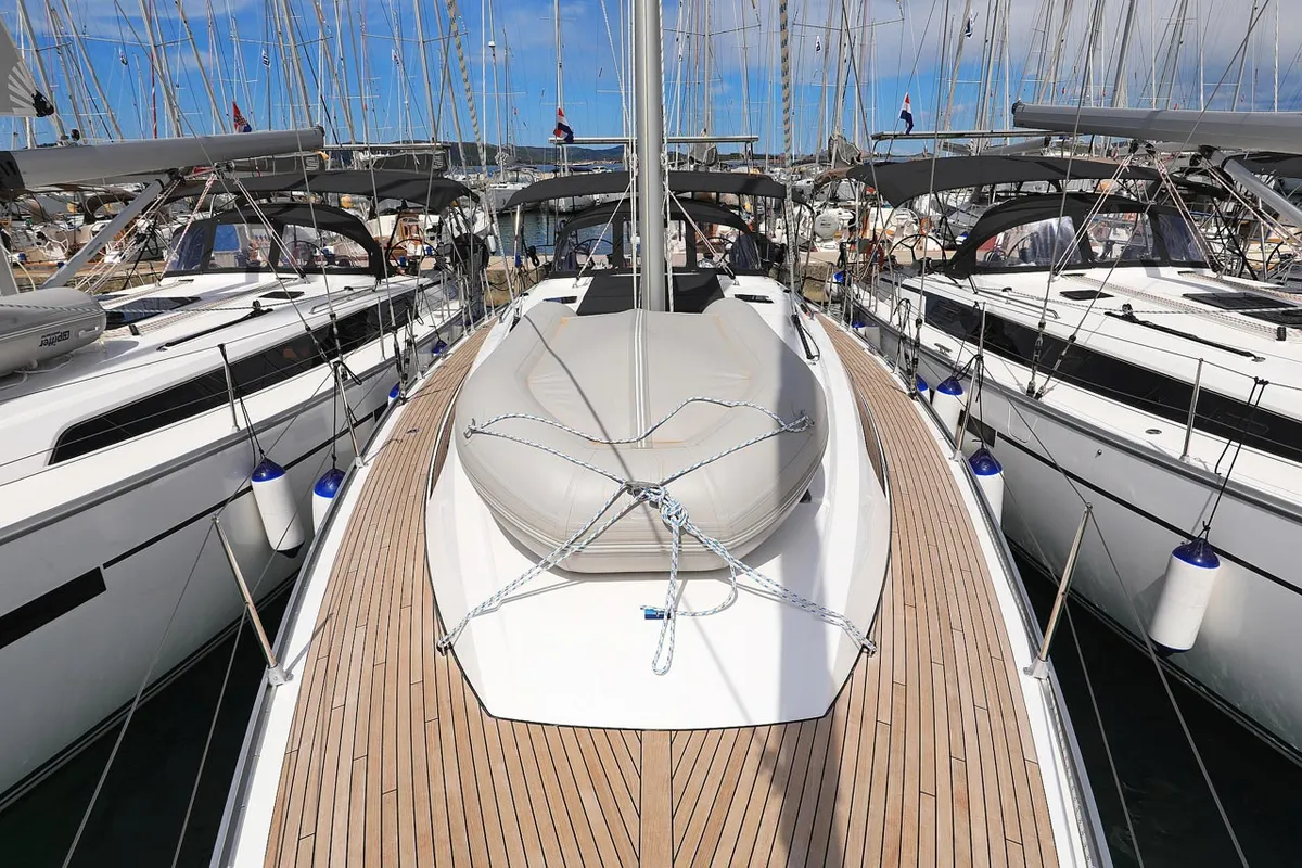 Deck of Aiolos I, a Bavaria Cruiser 46 sailboat at Grad Biograd na Moru, Croatia