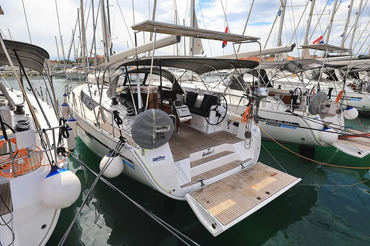 Exterior view of Aiolos I, a Bavaria Cruiser 46 sailboat at Grad Biograd na Moru, Croatia