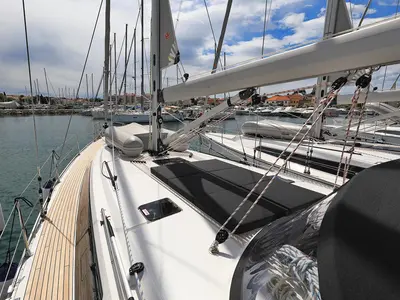 Deck of Aiolos I, a Bavaria Cruiser 46 sailboat at Grad Biograd na Moru, Croatia
