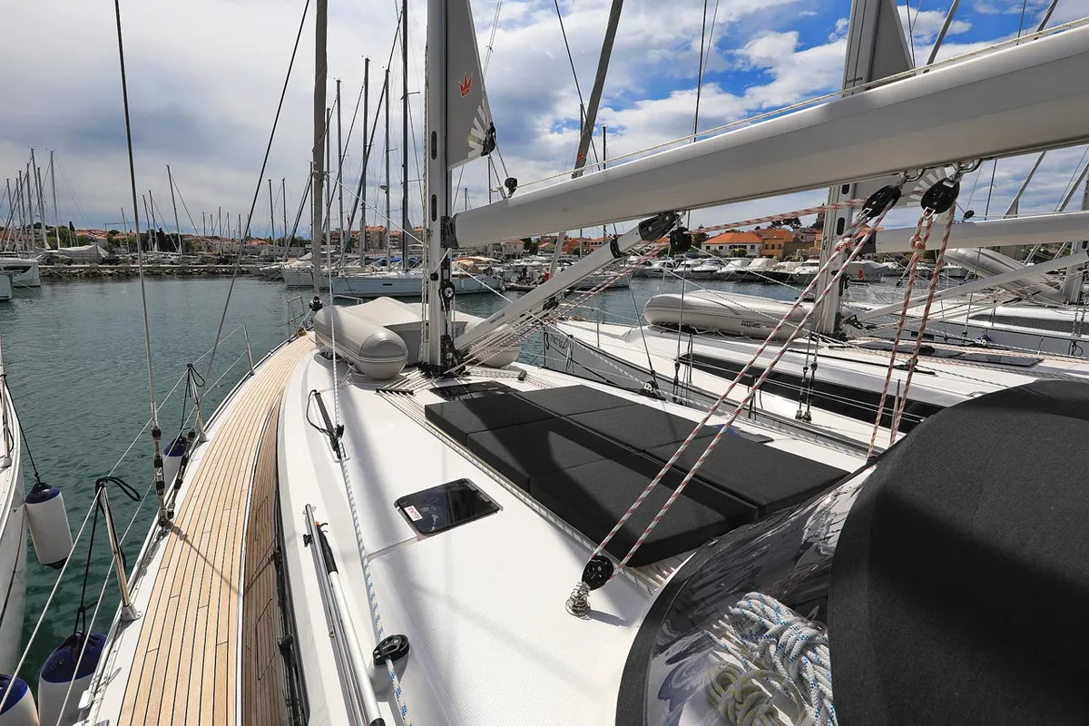 Deck of Aiolos I, a Bavaria Cruiser 46 sailboat at Grad Biograd na Moru, Croatia