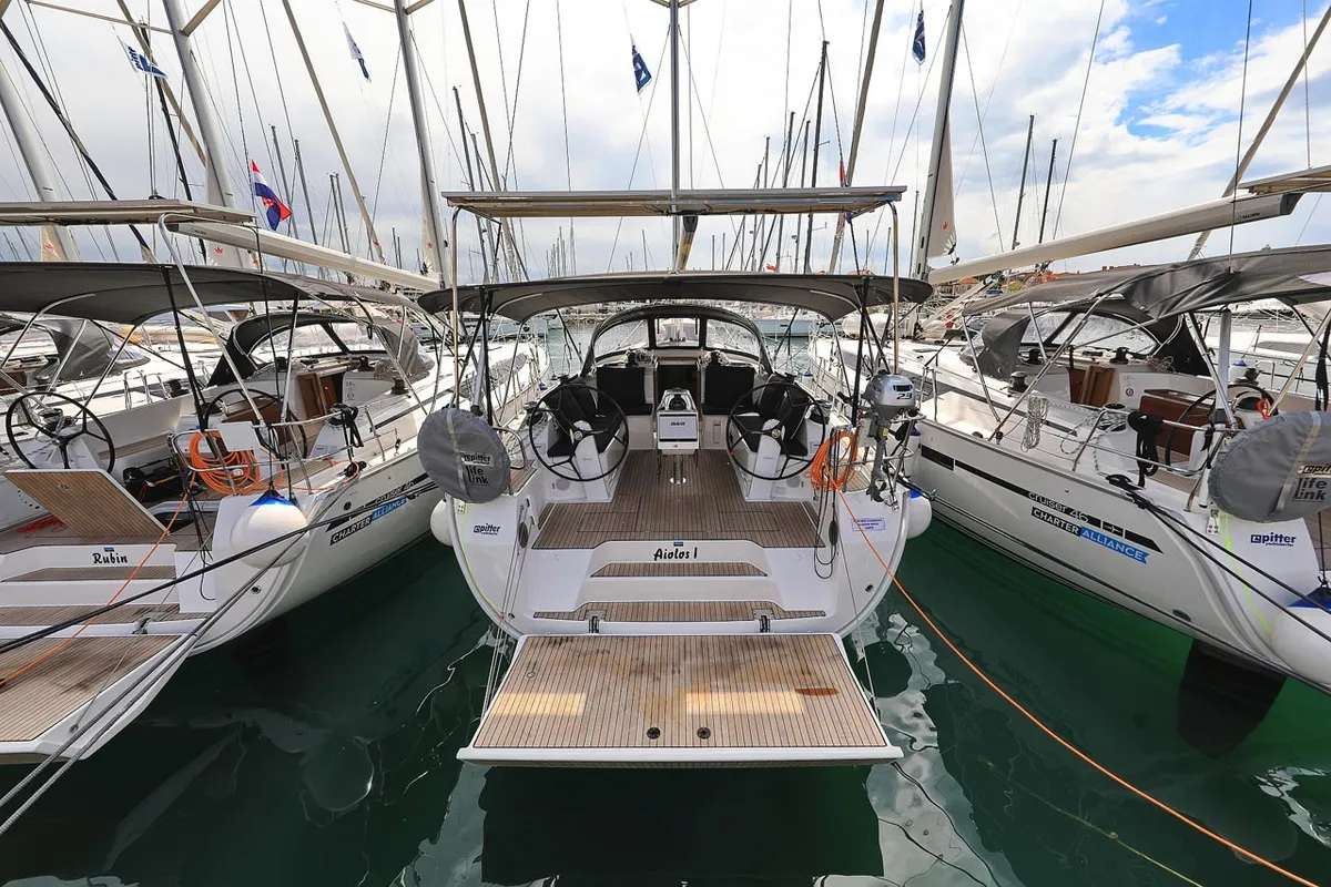 Exterior view of Aiolos I, a Bavaria Cruiser 46 sailboat at Grad Biograd na Moru, Croatia