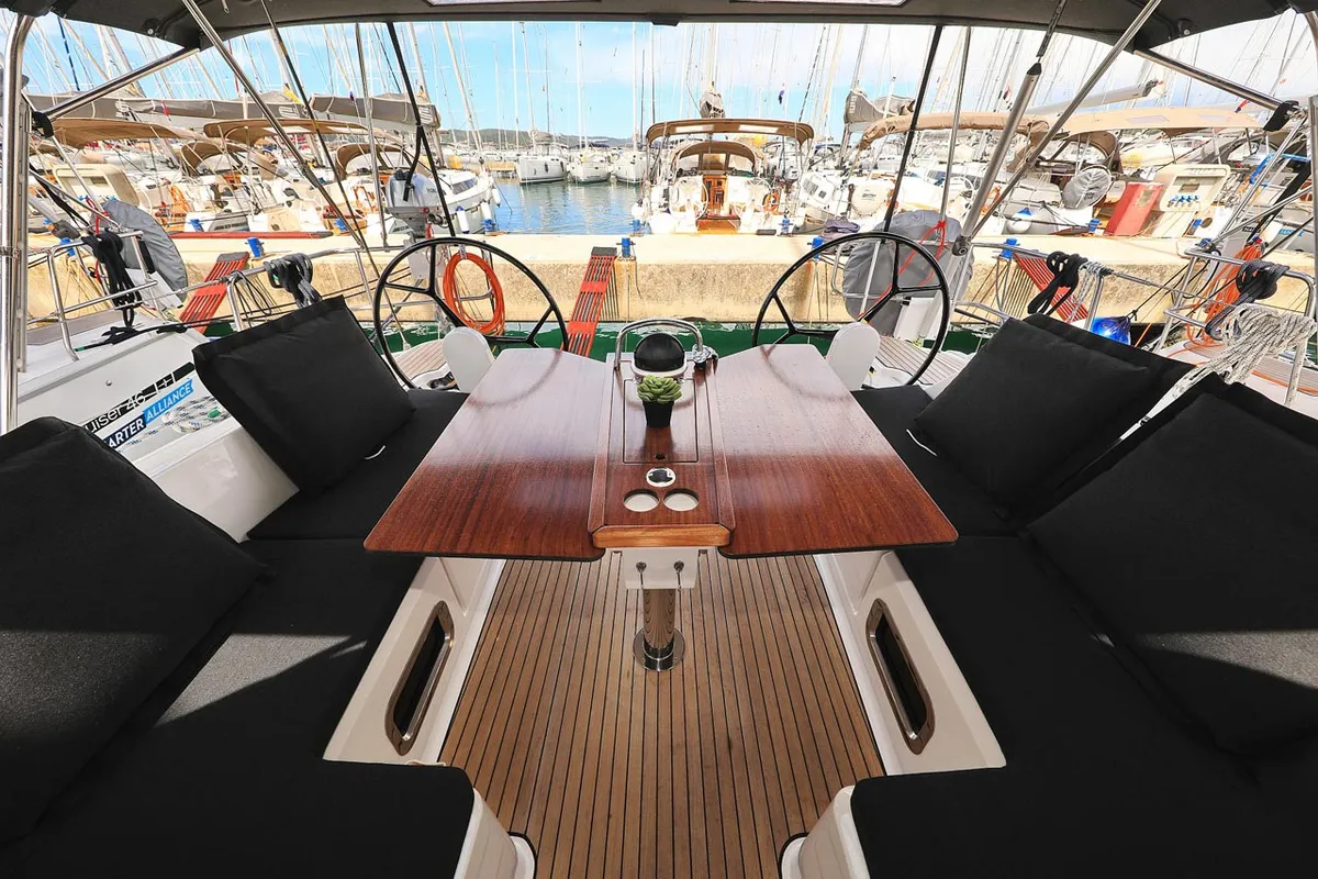 Deck of Aiolos I, a Bavaria Cruiser 46 sailboat at Grad Biograd na Moru, Croatia