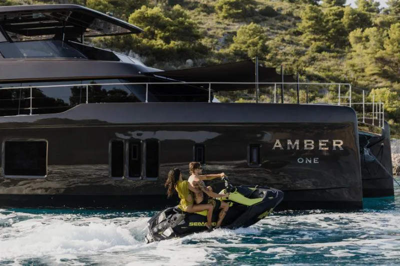 Exterior view of Amber One, a Sunreef 70 Power catamaran at Kaštela, Croatia